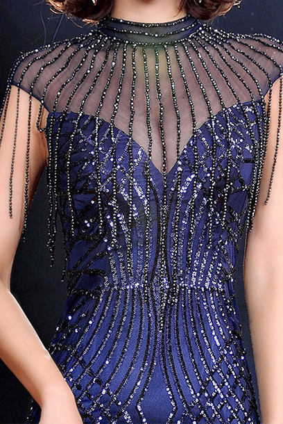 Cap Sleeves Cleopatra Geometrical Sequin Blue Evening Gown