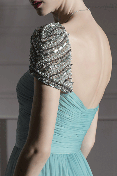 Embellished Sleeves Cinderella Mint Evening Gown