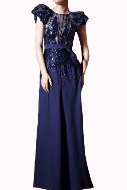 Puffed Sleeves Avant Garde Blue Sequin Evening Gown