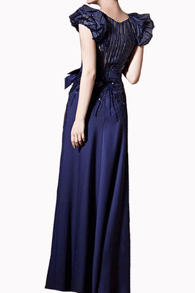 Puffed Sleeves Avant Garde Blue Sequin Evening Gown