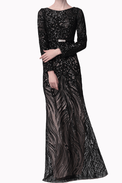 Long Sleeves Sequin Black Evening Gown