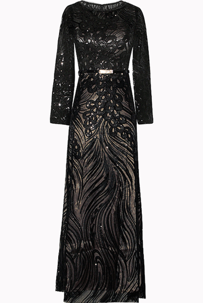 Plus Size Long Sleeves Sequin Black Evening Gown