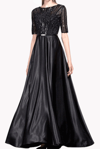 Short Sleeves Sequin Black Evening Gown