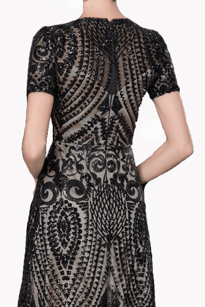 Short Sleeves Geometric Sequin White Evening Gown