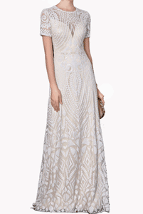 Short Sleeves Geometric Sequin White Evening Gown