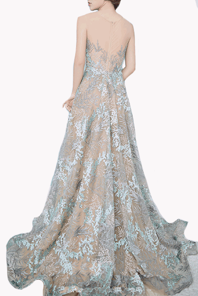 Sleeveless Floral Lace Embroidered Evening Gown
