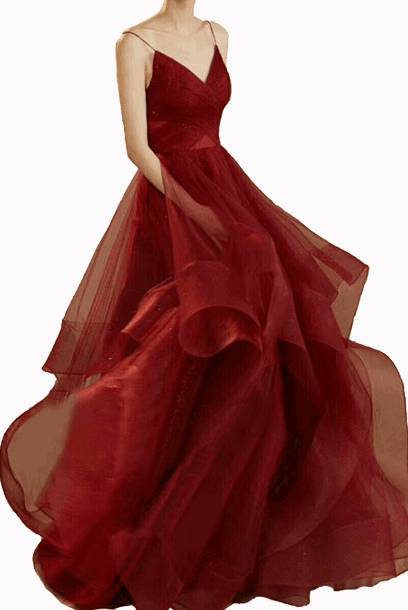 V Neck Wine Red Ruffled Ball Evening Gown
