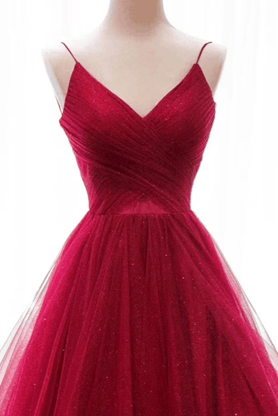 V Neck Wine Red Ruffled Ball Evening Gown