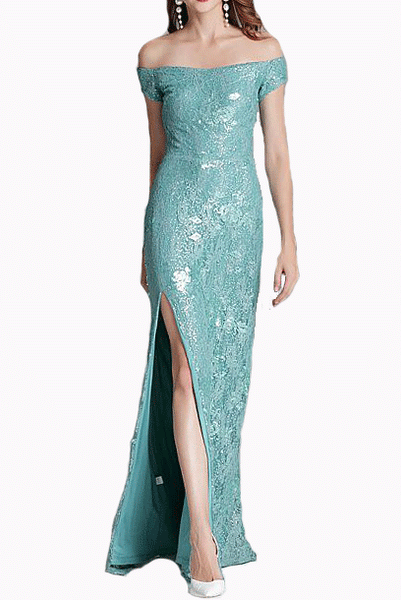 Off Shoulder Lace Sequin Mermaid Hem Evening Gown