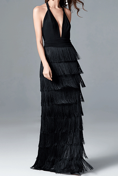 Gatsby Tassel Halter Neck Black Evening Gown
