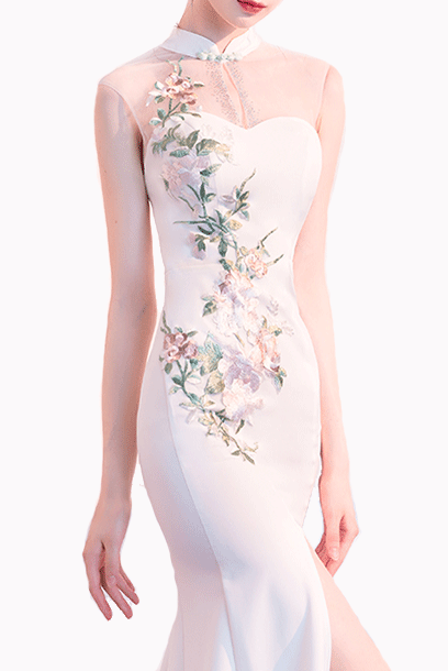 Sleeveless Embroidered White Qipao Cheongsam Gown