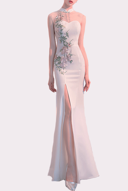 Sleeveless Embroidered White Qipao Cheongsam Gown