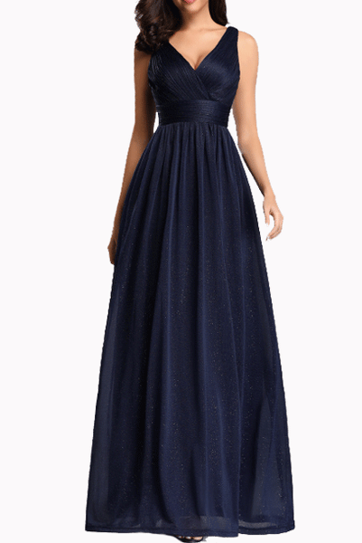 Sleeveless V Neckline Ruched Blue Evening Gown