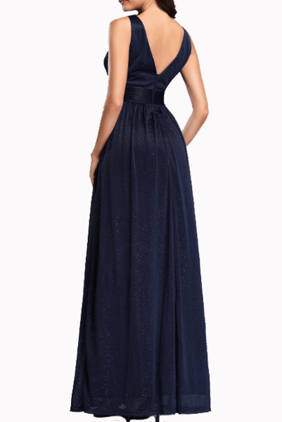 Sleeveless V Neckline Ruched Blue Evening Gown