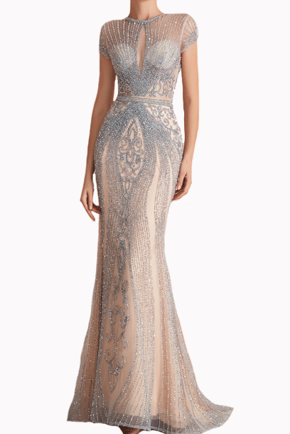 Cap Sleeves Rhinestones Embellished Evening Gown