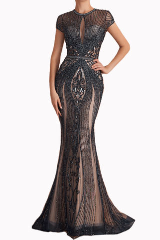 Cap Sleeves Rhinestones Embellished Evening Gown