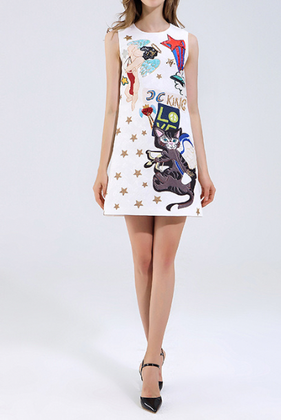 Sleeveless Cat Embellishments Shift Dress