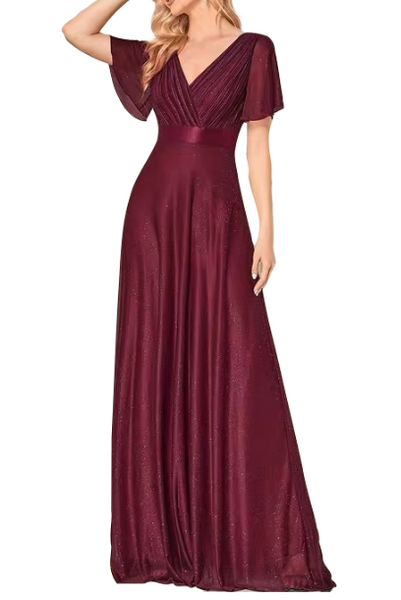 Bell Sleeves Burgundy Evening Gown