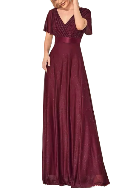 Bell Sleeves Burgundy Evening Gown