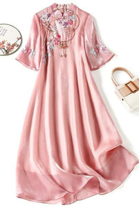 Elbow Sleeves Embroidered Floral Cheongsam