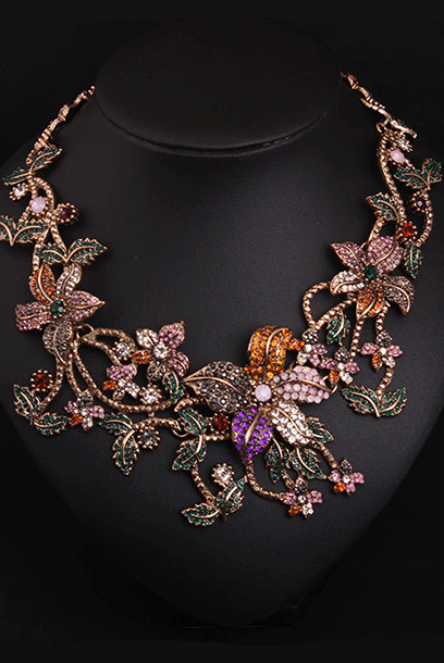 Floral Rhinestones Statement Chunky Necklace