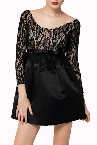 Long Sleeves Black Lace Jacquard Mini Dress