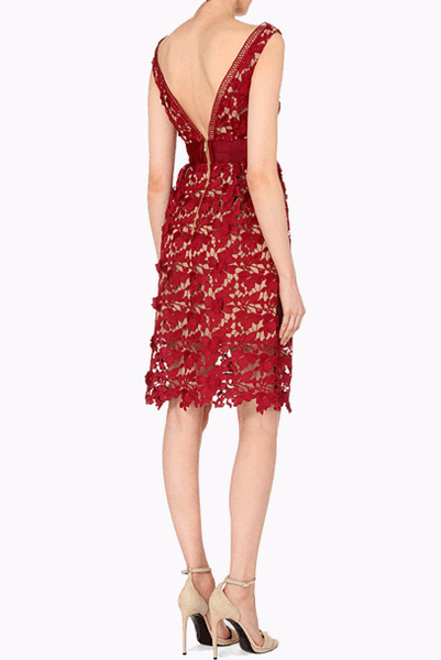 Off-the-Shoulder Guipure Lace Cocktail Red Midi Dress