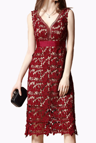 Off-the-Shoulder Guipure Lace Cocktail Red Midi Dress