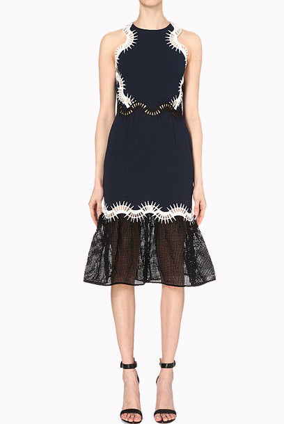 Black Mesh-insert Ruffled Midi Dress