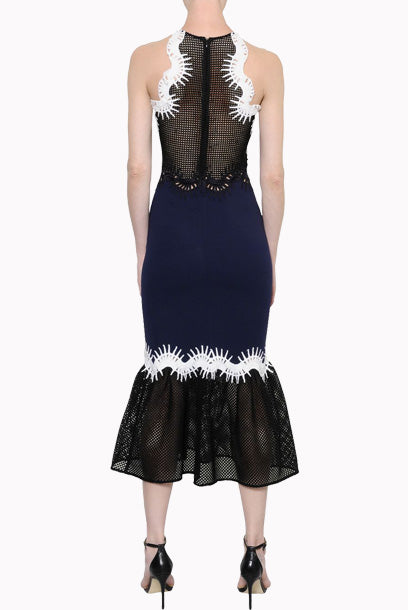 Black Mesh-insert Ruffled Midi Dress