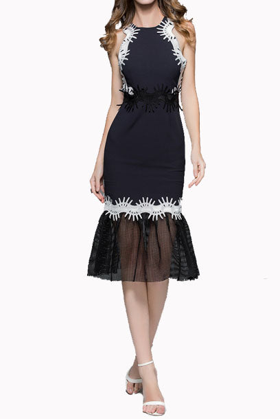 Black Mesh-insert Ruffled Midi Dress