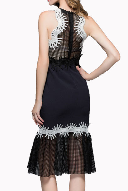 Black Mesh-insert Ruffled Midi Dress