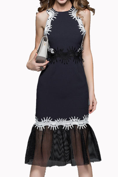 Black Mesh-insert Ruffled Midi Dress