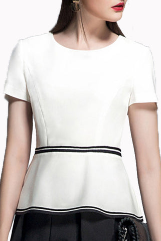 Short Sleeves White Top with Grosgrain Waist