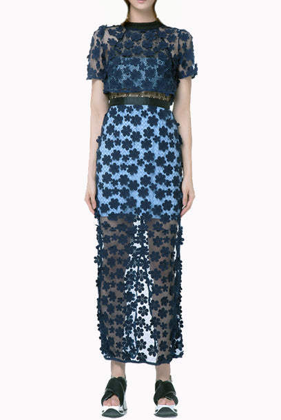 Short Sleeves 3D Floral Lace Overlay Maxi Dress