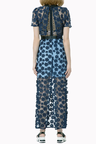 Short Sleeves 3D Floral Lace Overlay Maxi Dress