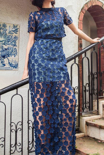Short Sleeves 3D Floral Lace Overlay Maxi Dress
