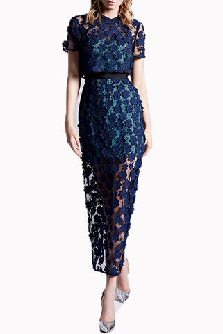 Short Sleeves 3D Floral Lace Overlay Maxi Dress