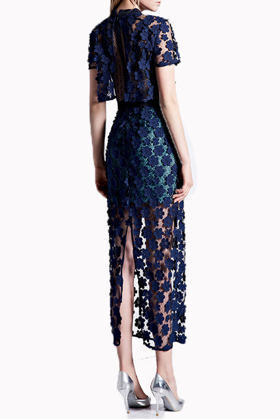 Short Sleeves 3D Floral Lace Overlay Maxi Dress