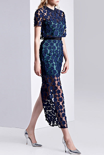 Short Sleeves 3D Floral Lace Overlay Maxi Dress