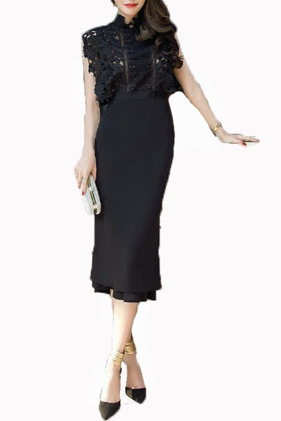 Guipure Lace & Crepe Midi Cocktail Dress
