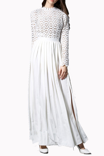 strapless open back dress Middleton White Pleated Crochet Floral Maxi Dress