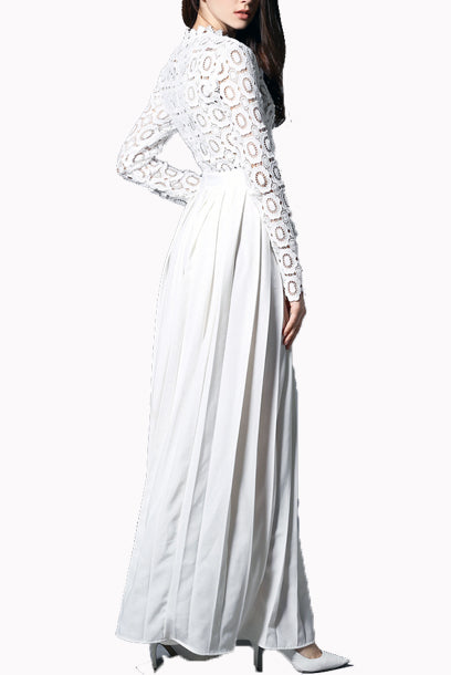 Middleton White Pleated Crochet Floral Maxi Dress