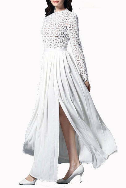 Middleton White Pleated Crochet Floral Maxi Dress