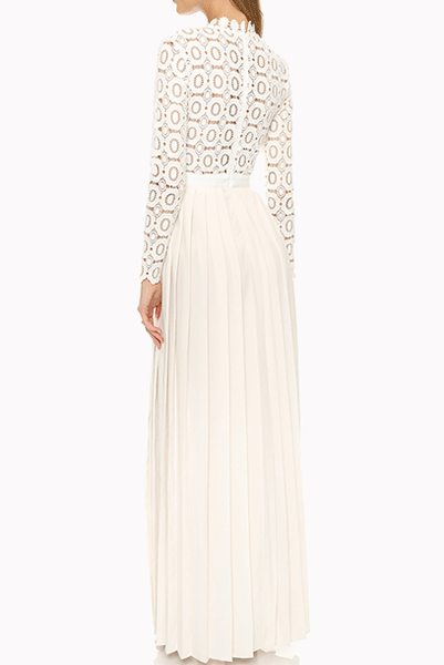 Middleton White Pleated Crochet Floral Maxi Dress