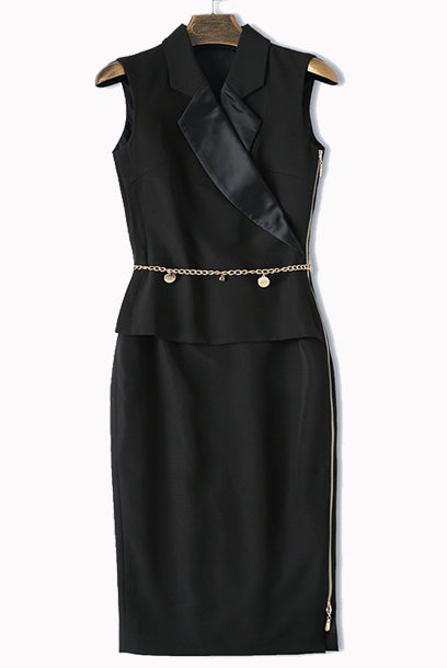 Sleeveless Notched Lapel Peplum Pencil Dress