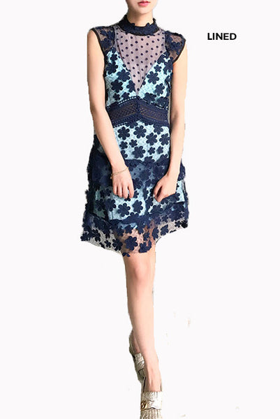 3D Floral Applique Lace Overlay Lined Mini Dress