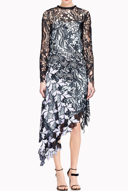 Long Sleeves Asymmetrical Lace Midi Dress