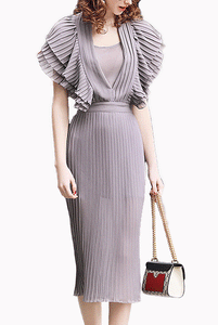 Pleated Layered Midi Grey Cocktail Dress