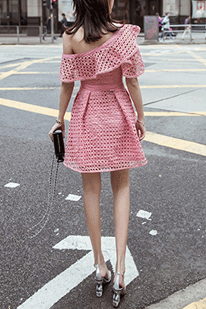 One-Shoulder Guipure Lace Pink Mini Dress